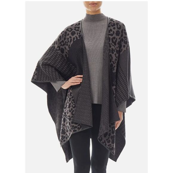Ming Wang Sweaters - Ming Wang Ruana Poncho Womens One Size Black Gray Patchwork Leopard Knit Wrap